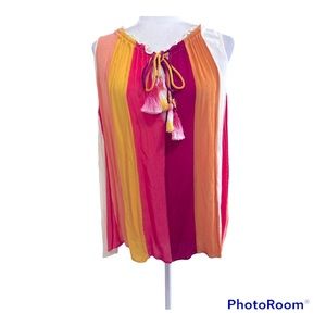 Ban Jara Sleeveless Striped Blouse Tassel Tie Neck Sz M